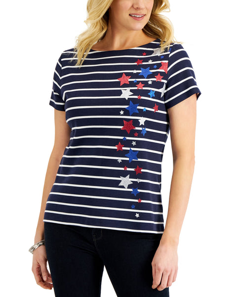 Karen Scott Petite Short Sleeve Glitter Star Boatneck Top